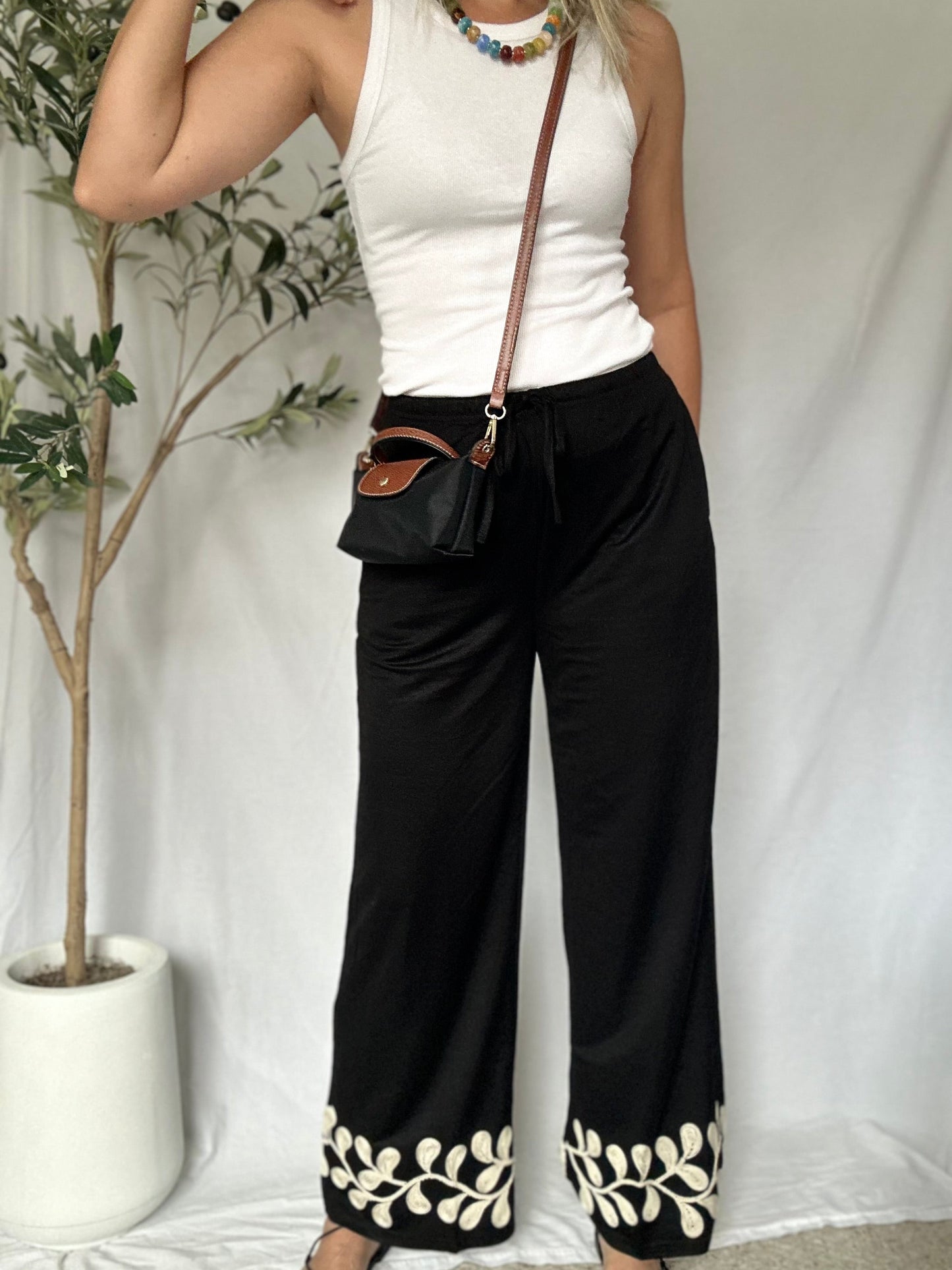 Iris Embroidery Black Pants
