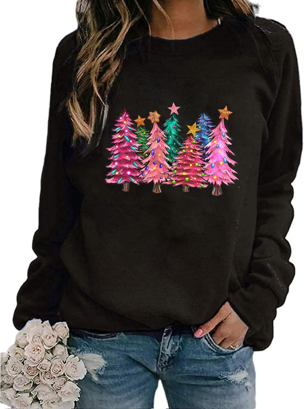 Colorful christmas tree black sweater