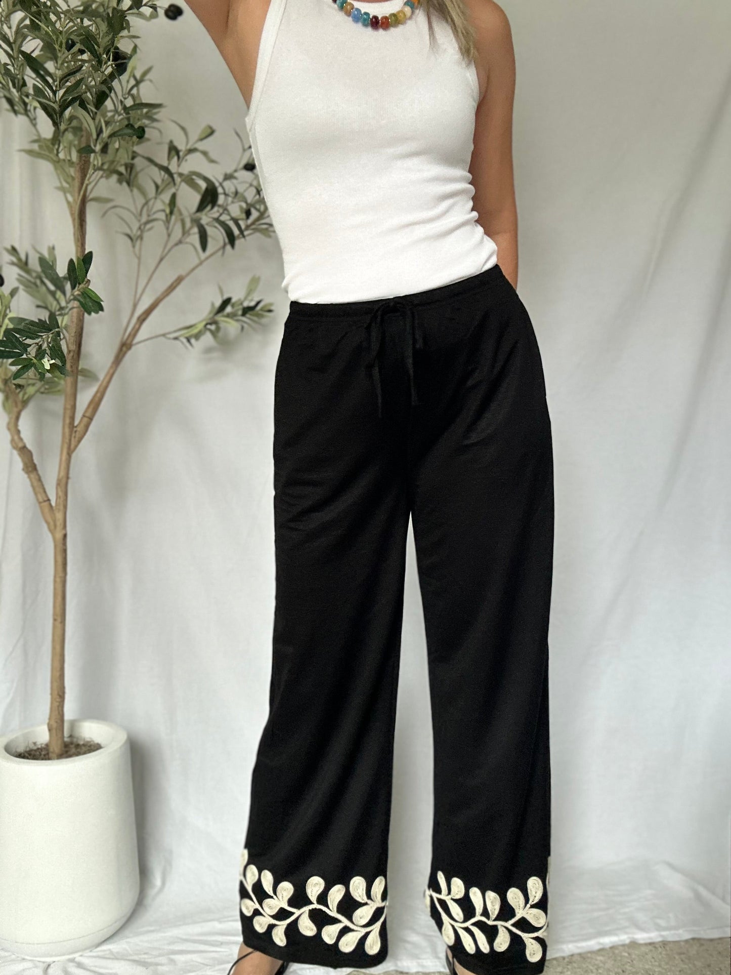 Iris Embroidery Black Pants