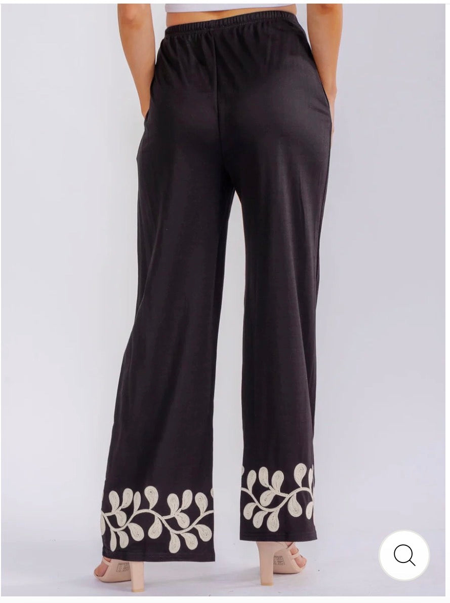 Iris Embroidery Black Pants