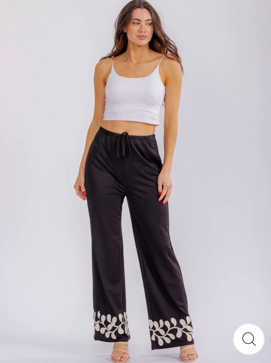 Iris Embroidery Black Pants