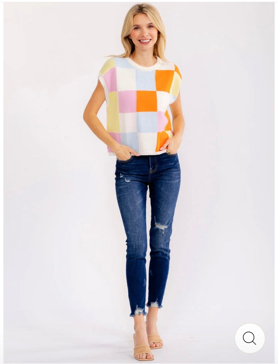 Color-block  Checkers Sweater Top