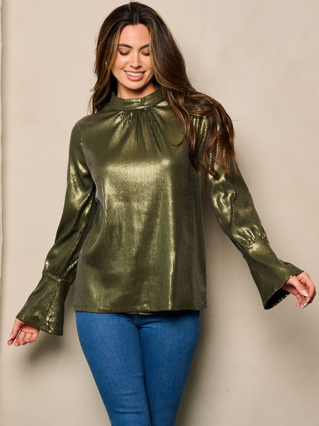 Olive Sequin Blouse Top
