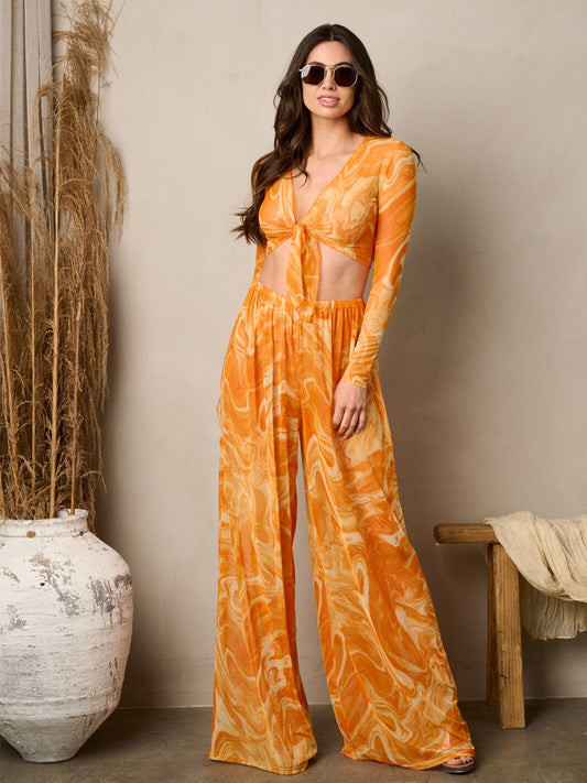 Wide Leg Marble Printed Swim Cover Up Pants
