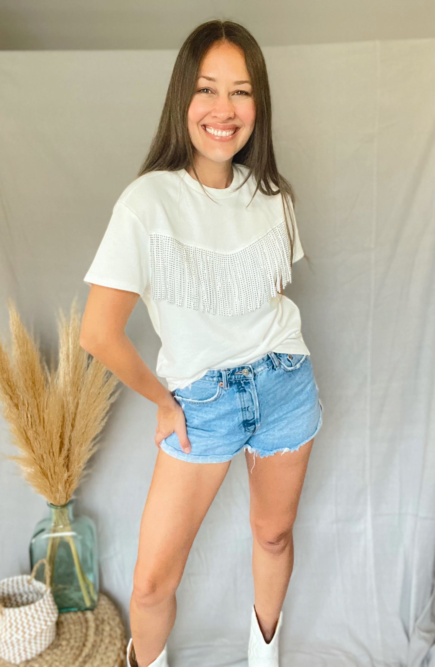 Fringe Short Sleeve Sequin Details Top