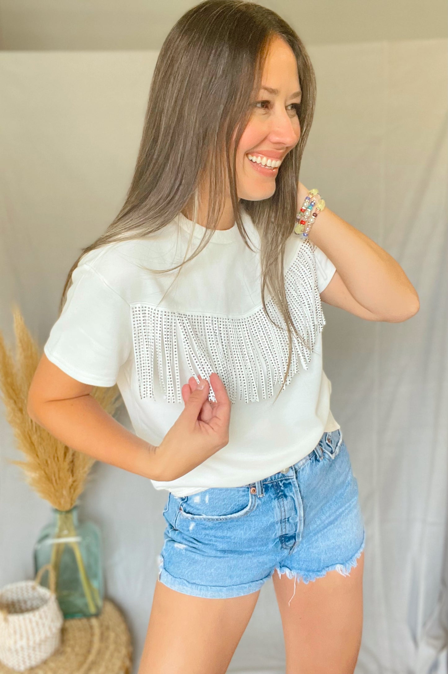 Fringe Short Sleeve Sequin Details Top