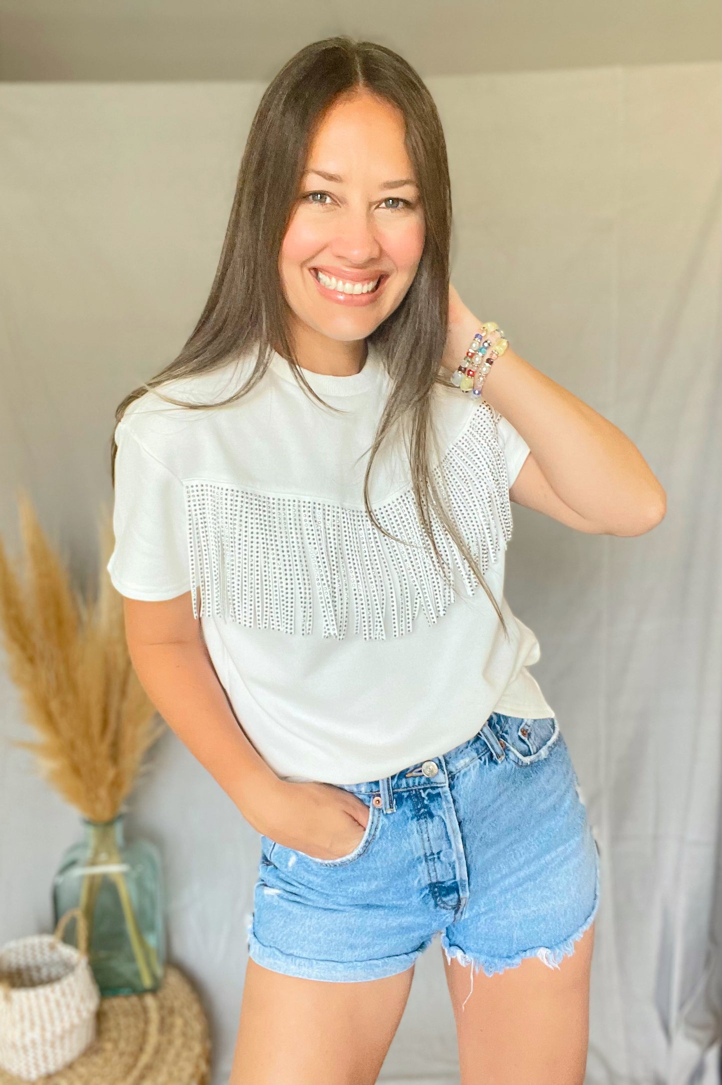 Fringe Short Sleeve Sequin Details Top