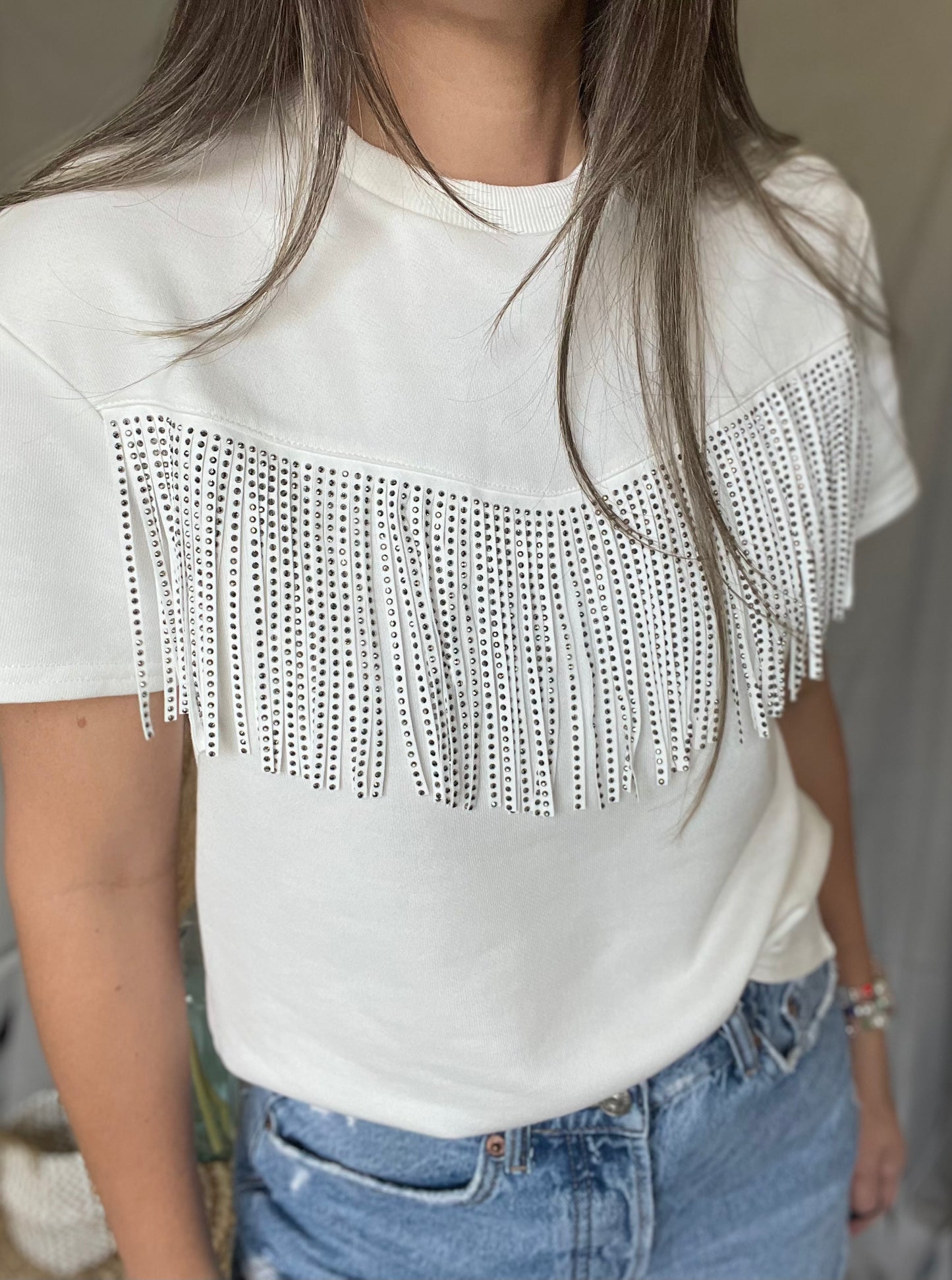 Fringe Short Sleeve Sequin Details Top