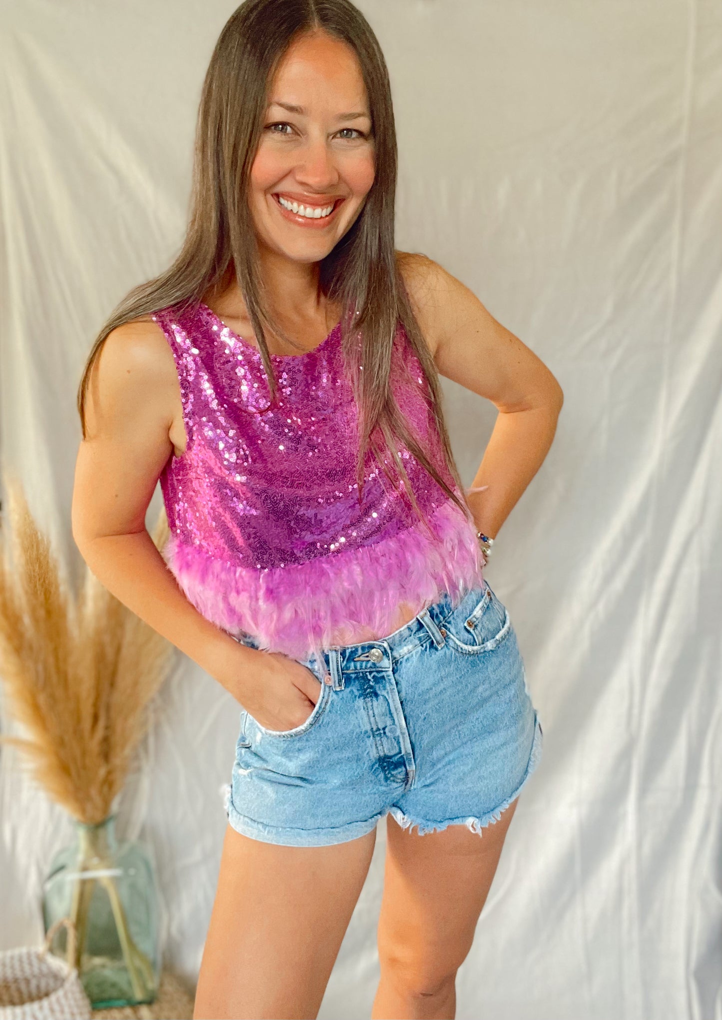 Sequin Feather Tank Top