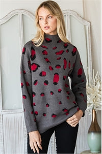 Charcoal Red Turtle Neck Leopard Sweater