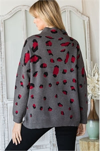 Charcoal Red Turtle Neck Leopard Sweater