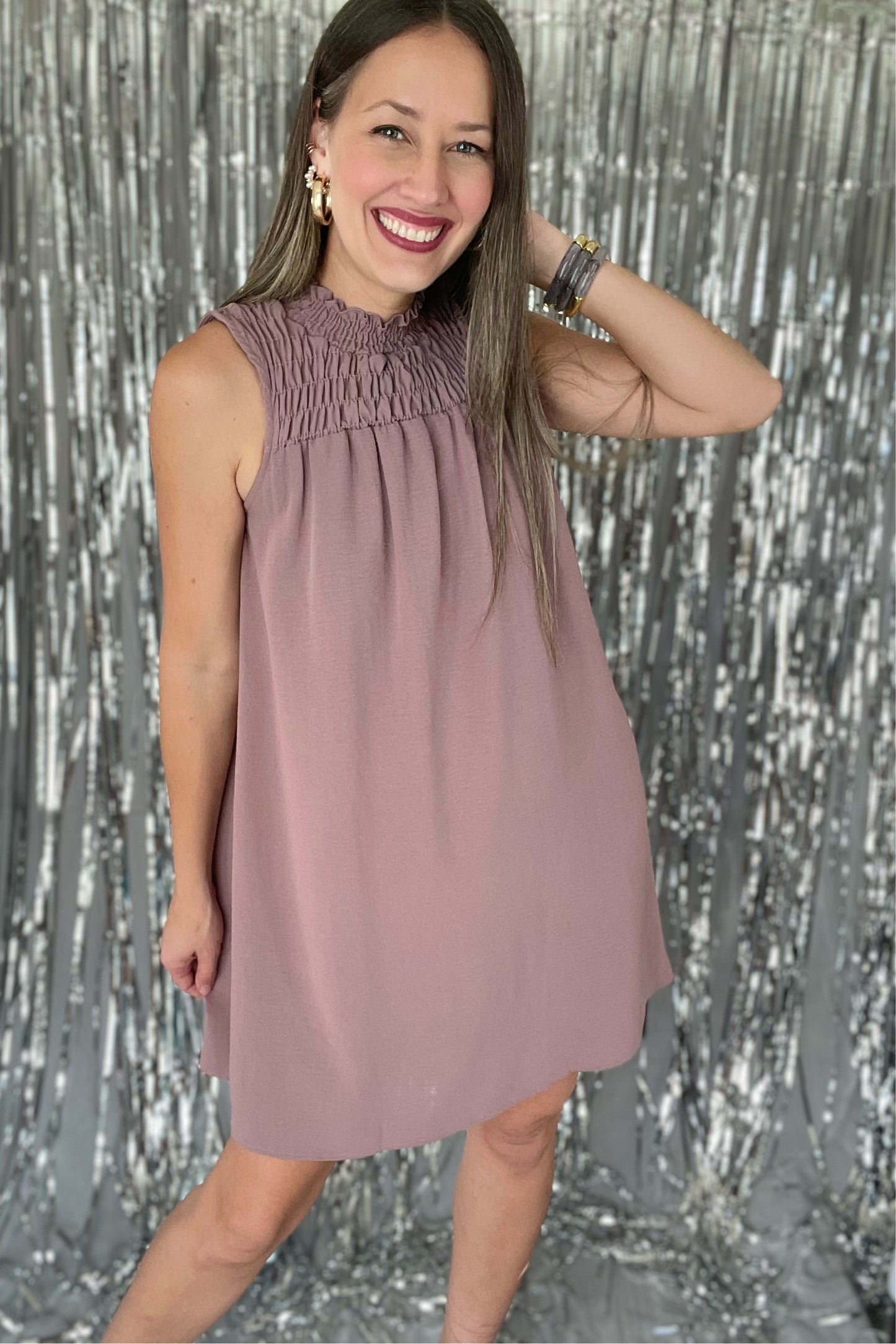 Mauve Sleeveles Smocked Dress