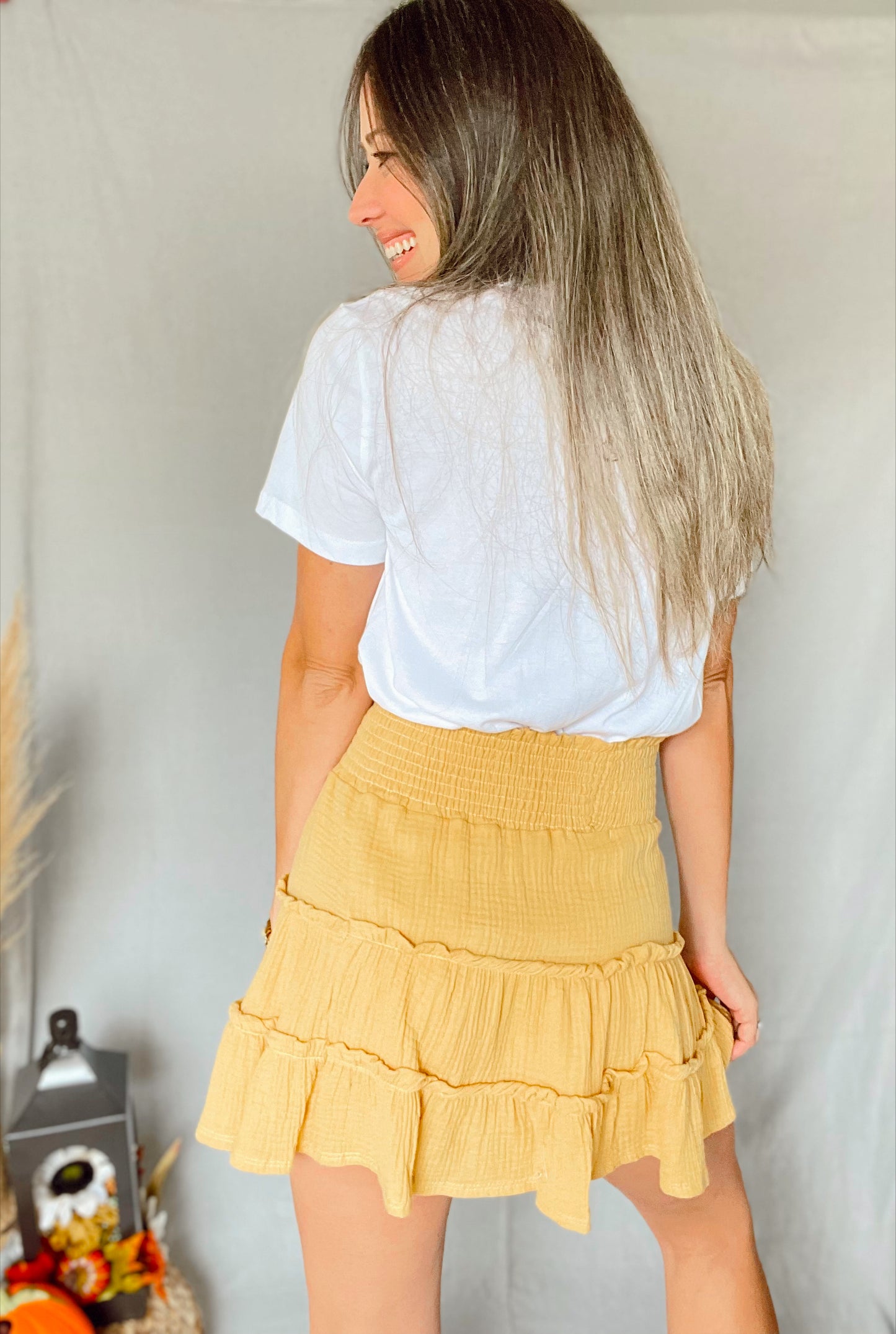 Tired Smocked Waist Band Skirt Light Mustard