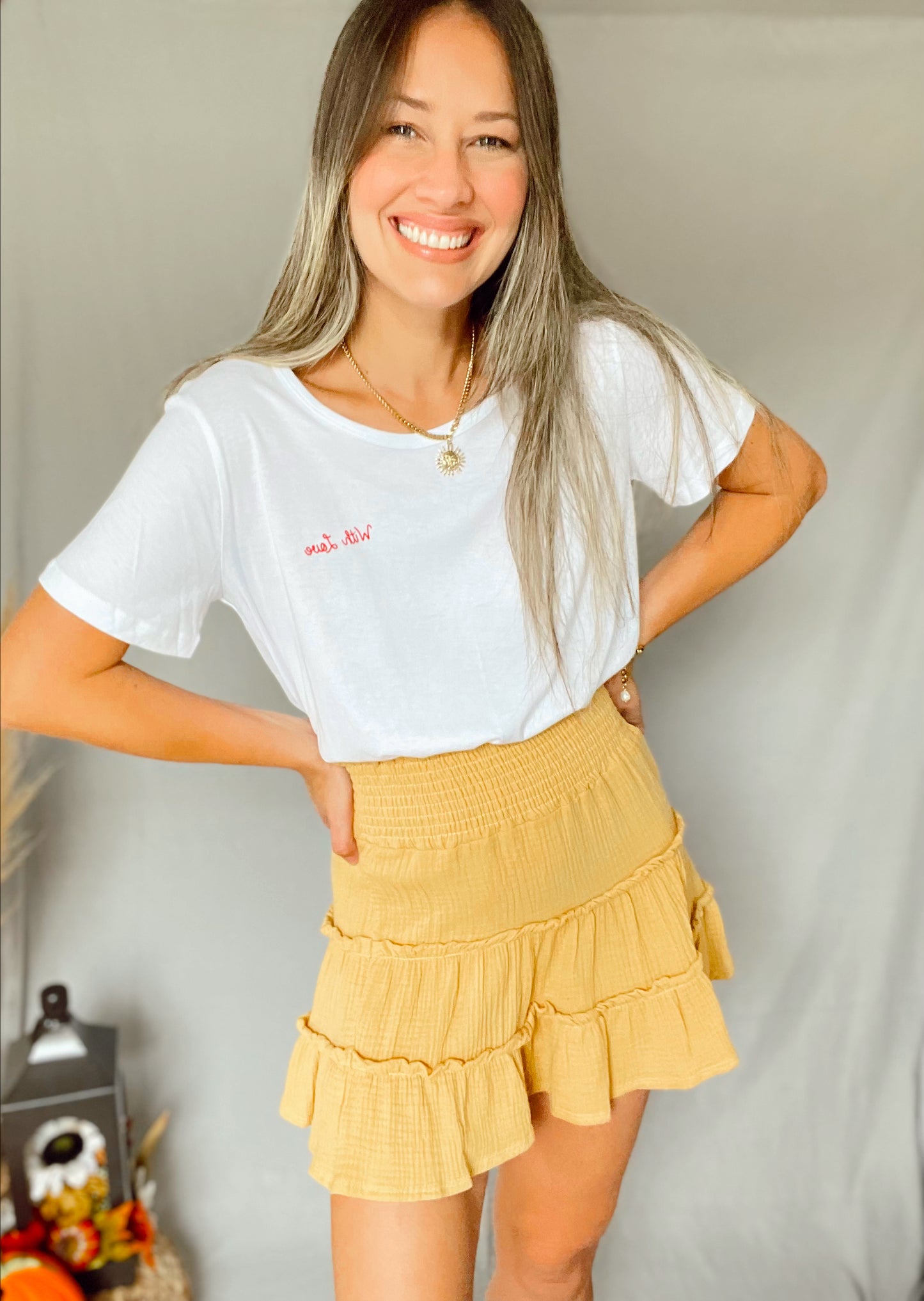 Tired Smocked Waist Band Skirt Light Mustard