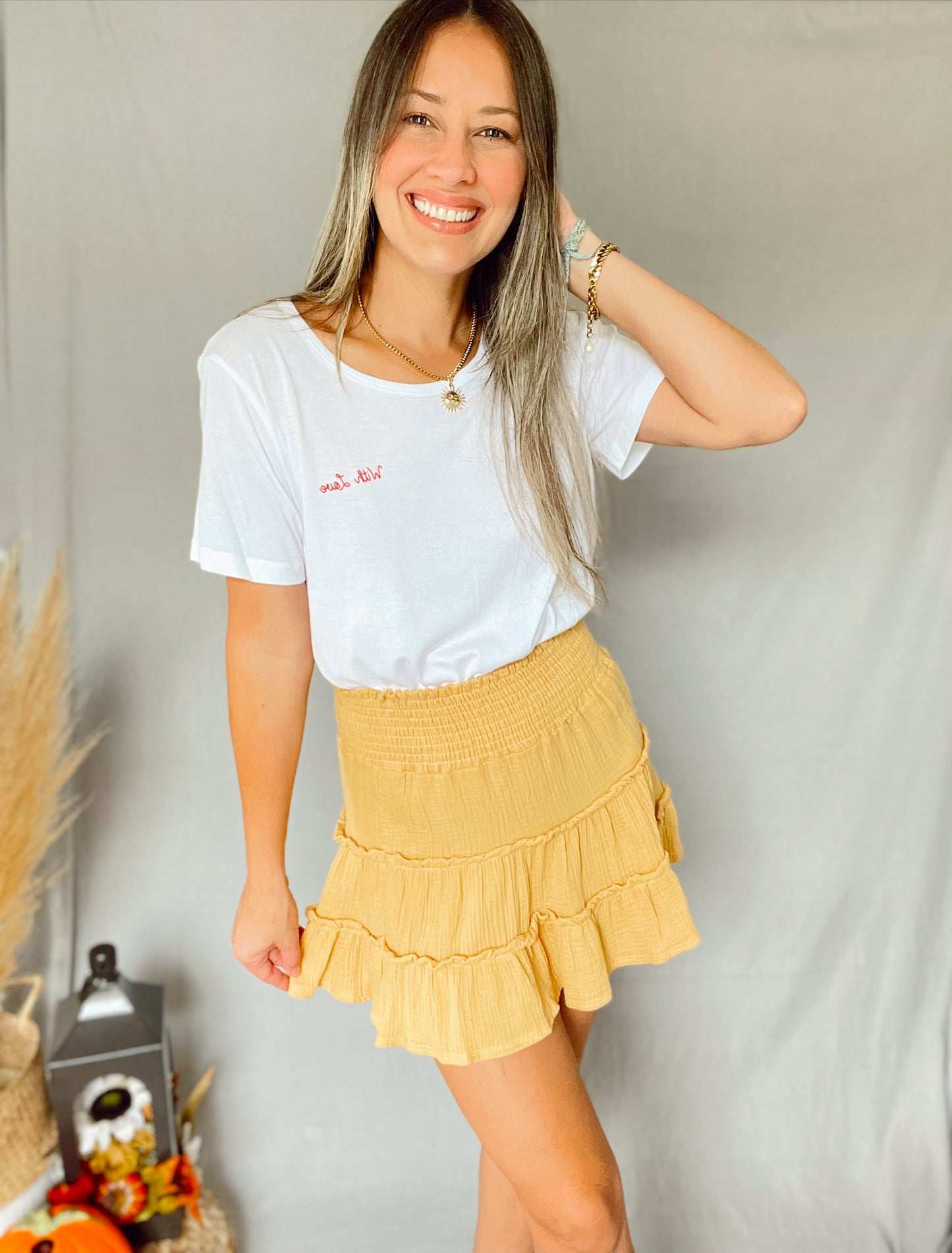 Tired Smocked Waist Band Skirt Light Mustard