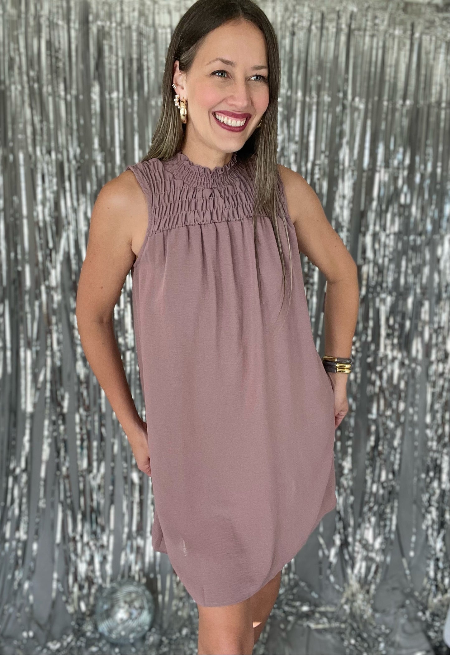 Mauve Sleeveles Smocked Dress