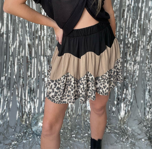 Leopard Color Block Black Skirt