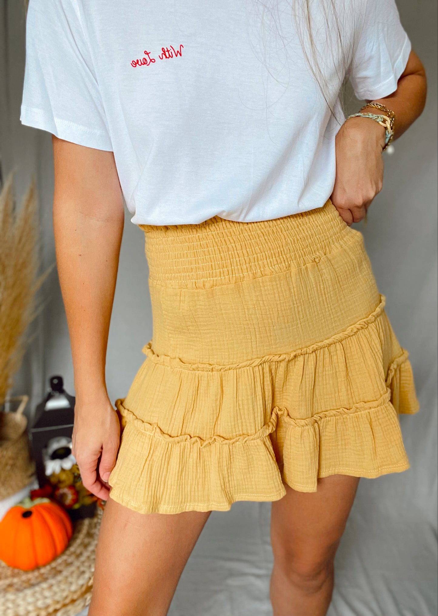 Tired Smocked Waist Band Skirt Light Mustard