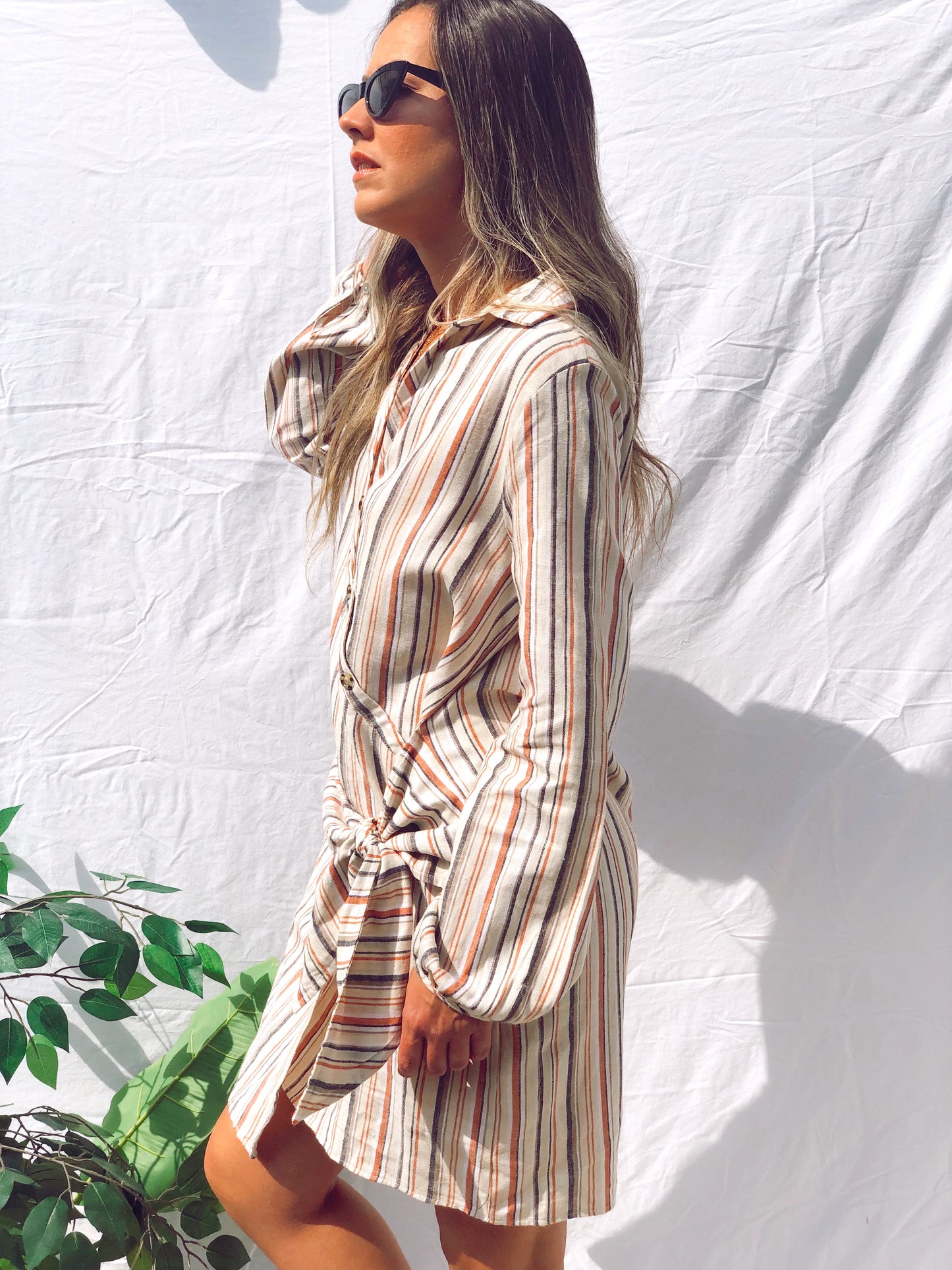 Bianca Stripe Front-Tie Long Sleeve Dress