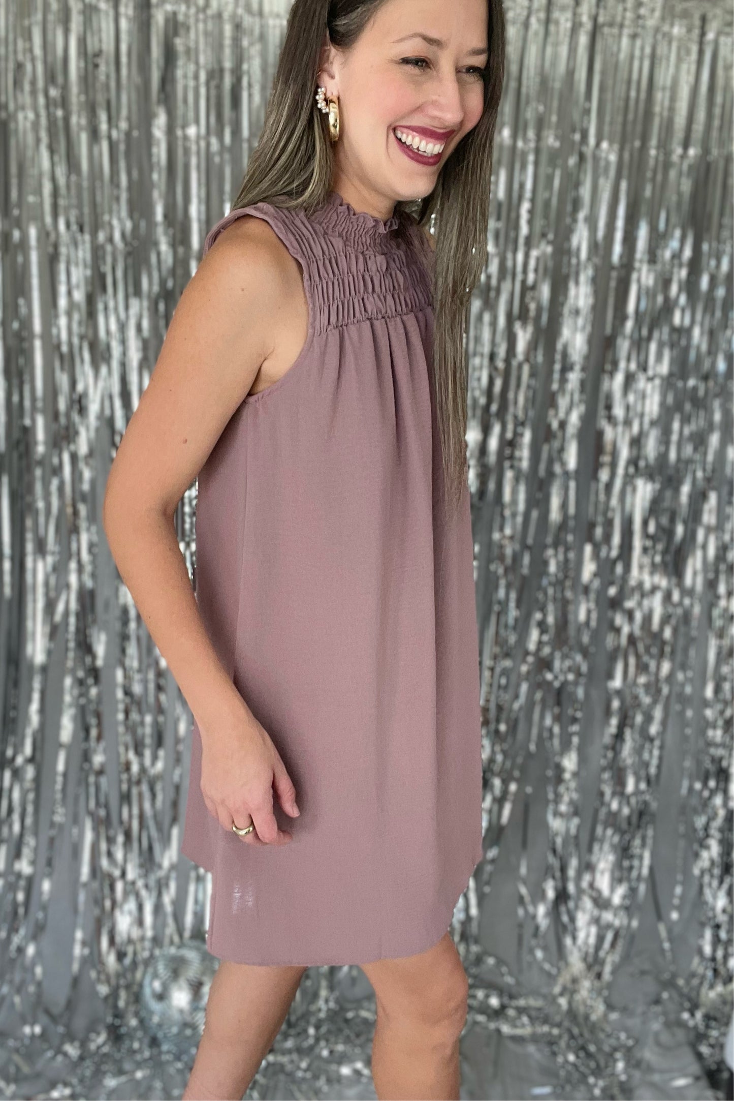 Mauve Sleeveles Smocked Dress